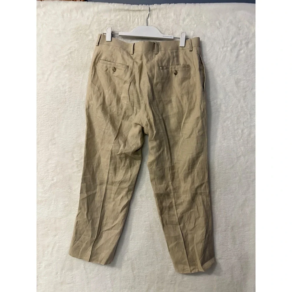 Mens Tan Linen Blend Dress Pants Khaki Straight Leg Trousers Size 34x26 Summer